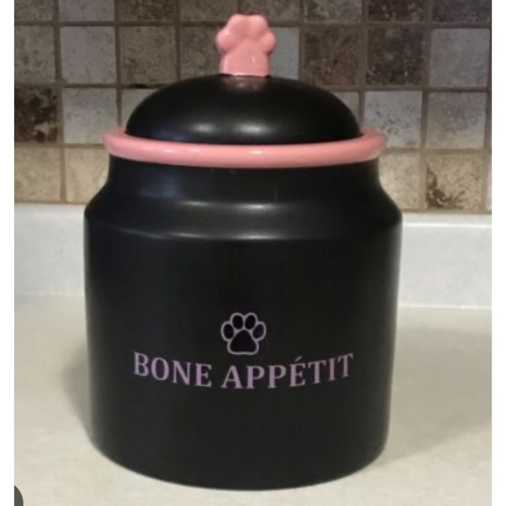 💖🎁NEW in box Pet Shoppe Black/Pink Ceramic Dog/Cat/Pet Treat Jar